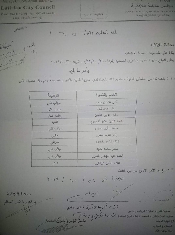 تكليف عناصر جديدة للعمل ضمن مديرية المهن و الشؤون الصحية